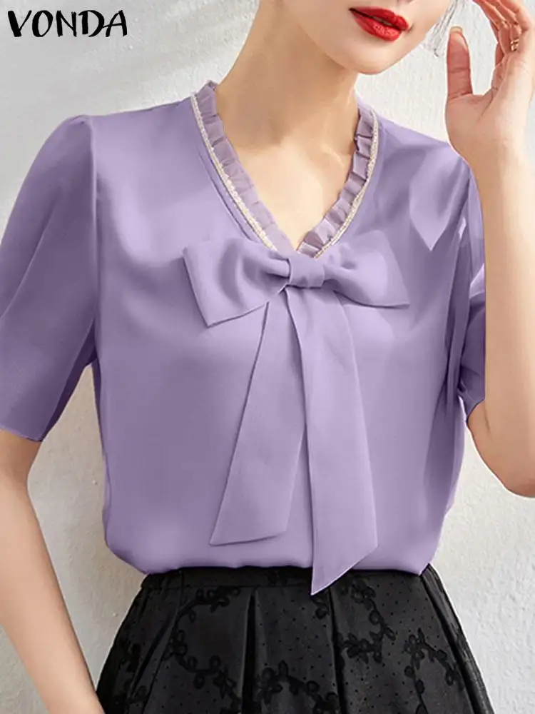 

2024 летние блузки VONDA, женские рубашки с коротким рукавом, элегантная однотонная туника с бантом, топы, модные повседневные блузы с V-образным вырезом, топ с оборками