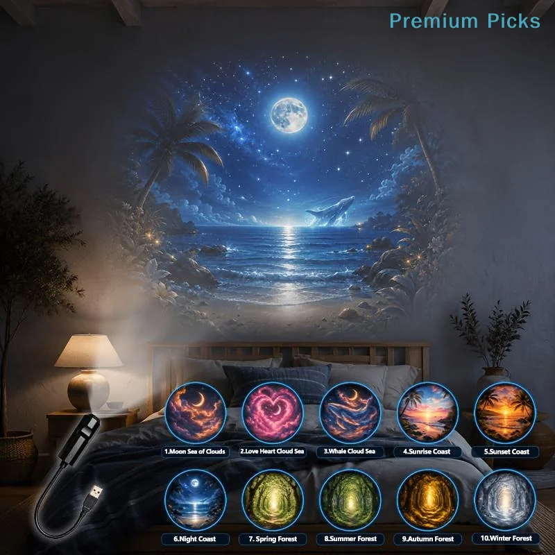 portableUSB Healing Ambient Projector Light 10 Landscape Patterns Projection Lamp for Bedroom Home Theater Decor