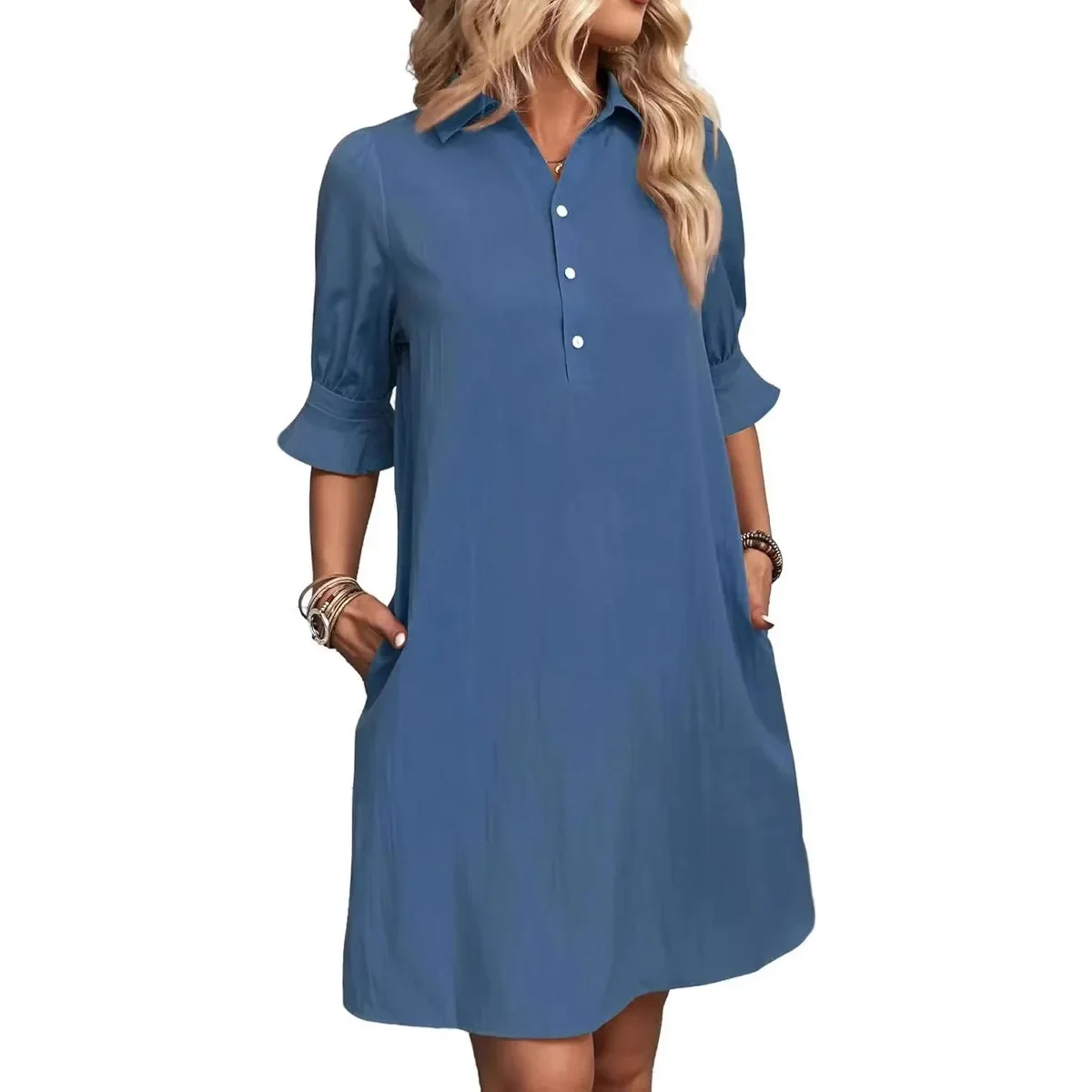 2025 Women Casual Shirt Dress Ruffle Sleeve Solid Color Button Down Shift Summer Dress With Pocket Spring Outfits Clothing Black