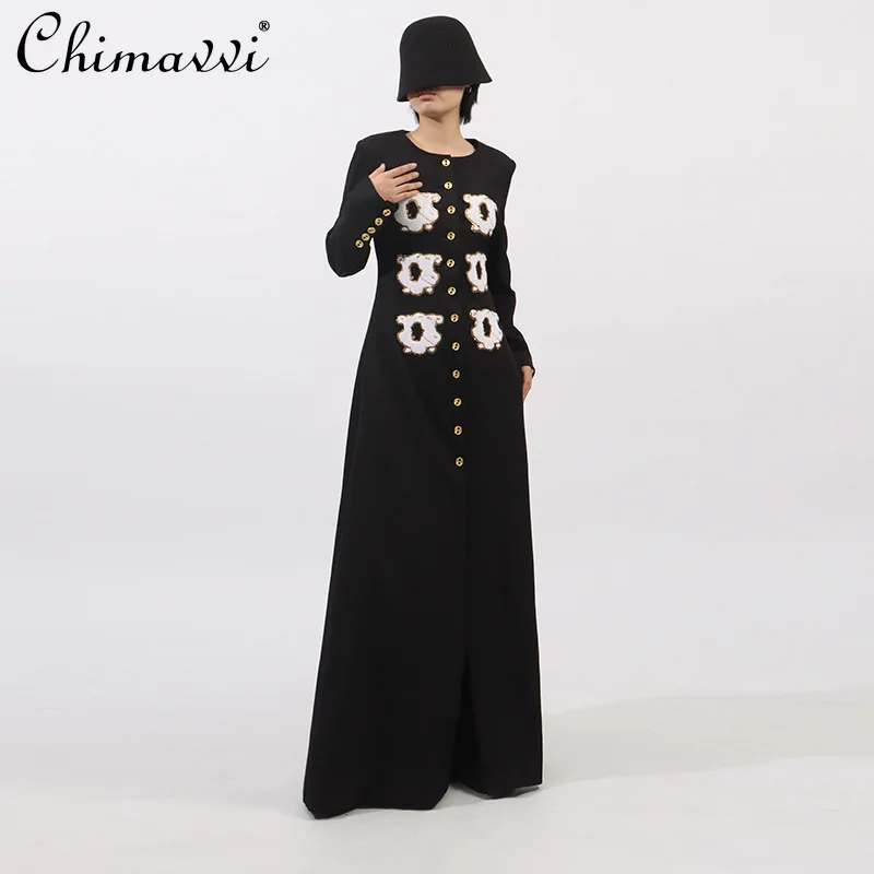 

French High-End Elegant Commute Round Neck Long Sleeve Single-Breasted Flocked Sequin Slim Black Long Trench Coat Women Autumn