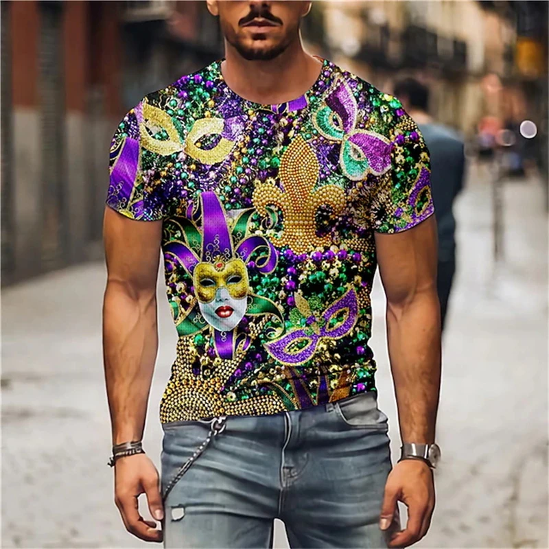 Mardi Gras Mask Pattern Carnival T Shirt Men Women 3D Print Exquisite Pattern Short Sleeves Round Neck Pullovers Tops Kids Tees