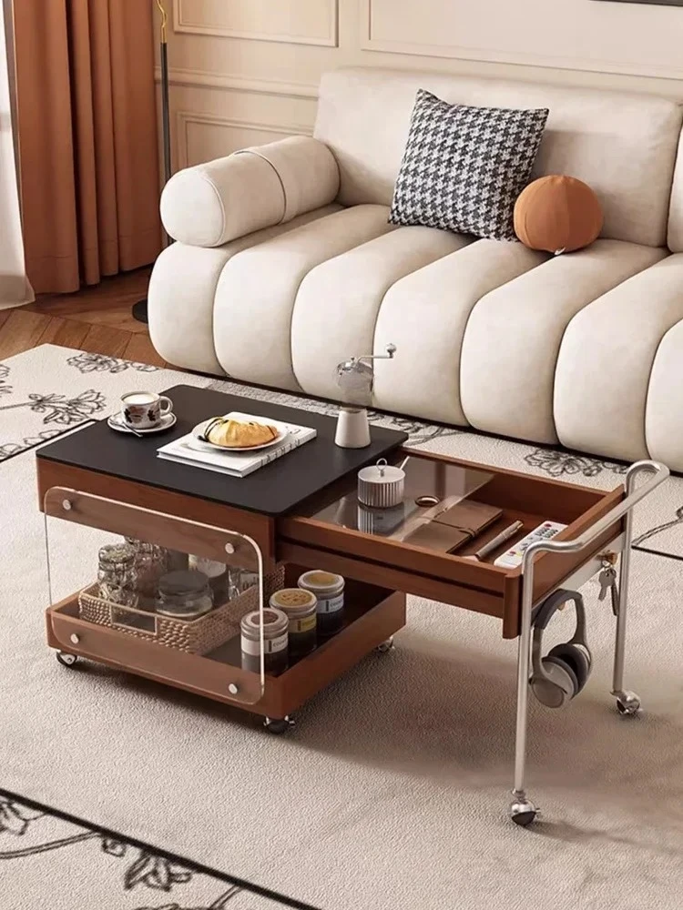 A  A57 Retractable coffee table living room multi-functional rock slab edge table French retro storage removable tea table