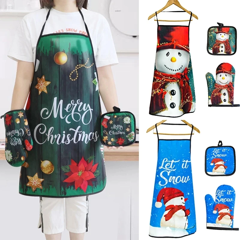 3pcs Christmas Kitchen Hot Oven Mitts Apron Set Anti-Hot Microwave Gloves Pad Insulation Mat New Year Decor Cooking Baking Tools