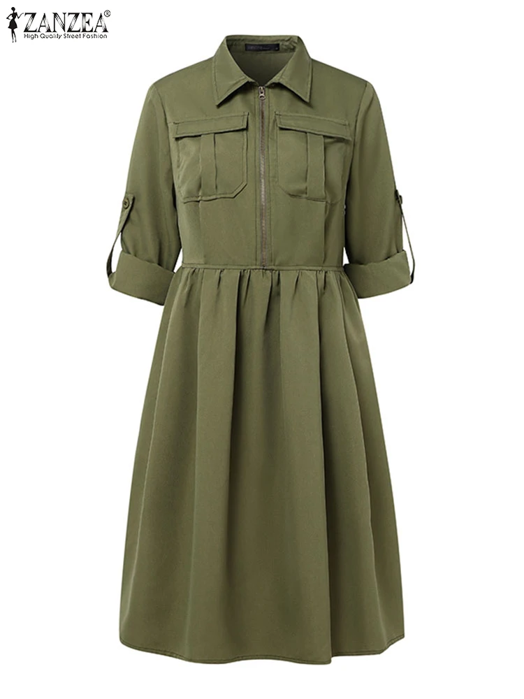 Zanzea feminino camisa longa vestido de carga verão manga longa mini vestido de verão 2025 moda solta zíper lapela sólido curto casual vestidos