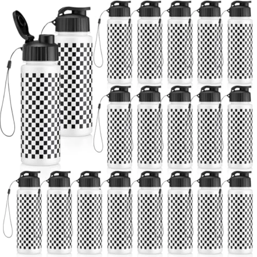 

20 Pcs 17oz Race Car Cups Black White Checkered Water Bottles Bulk Checkered Plastic Travel Coffee Water Tumbler Cup Mug Gifts
