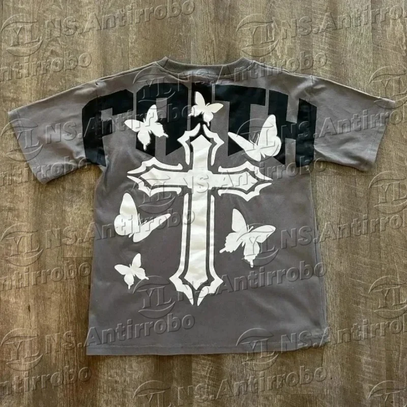 Summer Streetwear T Shirt Y2K Hip Hop Letter Retro Cross Graphic Print Oversized Tshirt Mens Womens Short Sleeve Tops