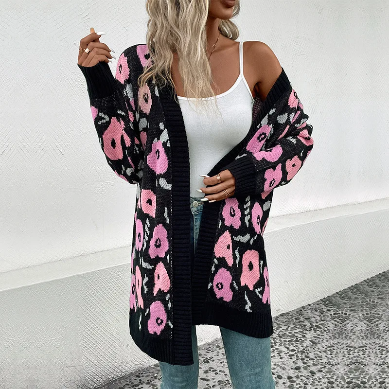 2023 Autumn and Winter Women\'s Cardigan Long Sleeve Solid Printing Flower Patchwork Loose Fashion Casual Long Sweater Knit Tops