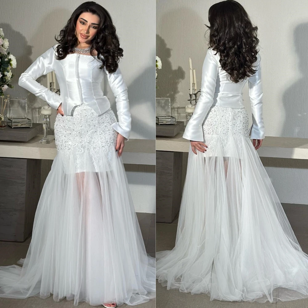 

Customized Elegant Tulle Square Collar Evening Dress Classic Satin Prom Dresses Fashion Long Sleeves Special Occasion Gowns