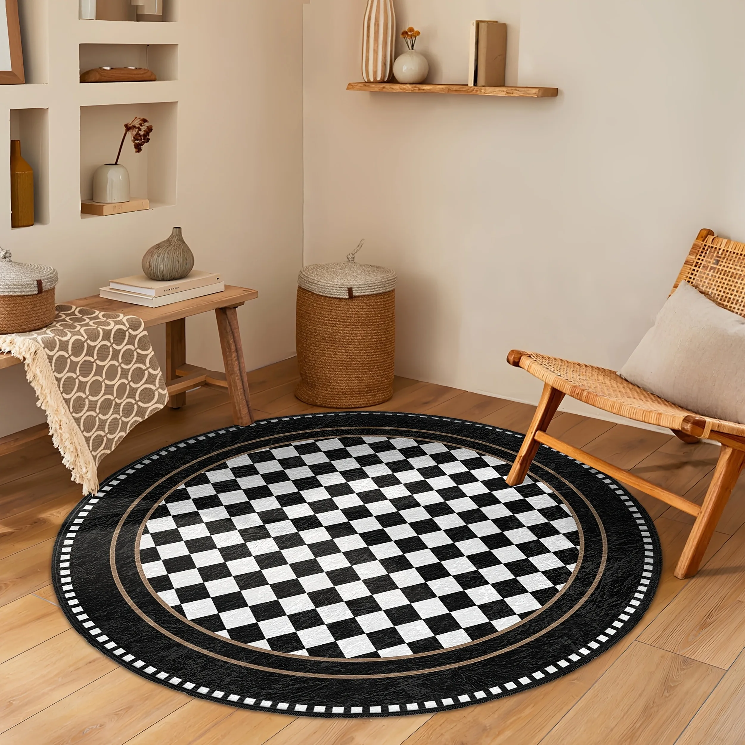 Classic Black White Round Rug, Round Rectangular Velvet Carpet for Laundry Room, Stylish Modern Home Decor, for Birthday Gift