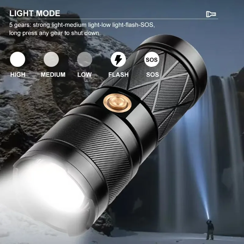ハイパワーアルミ合金製ズーム式led懐中電灯、超長バッテリー寿命、テールライト付き、防水、ポータブル、屋外用手持ちタイプ