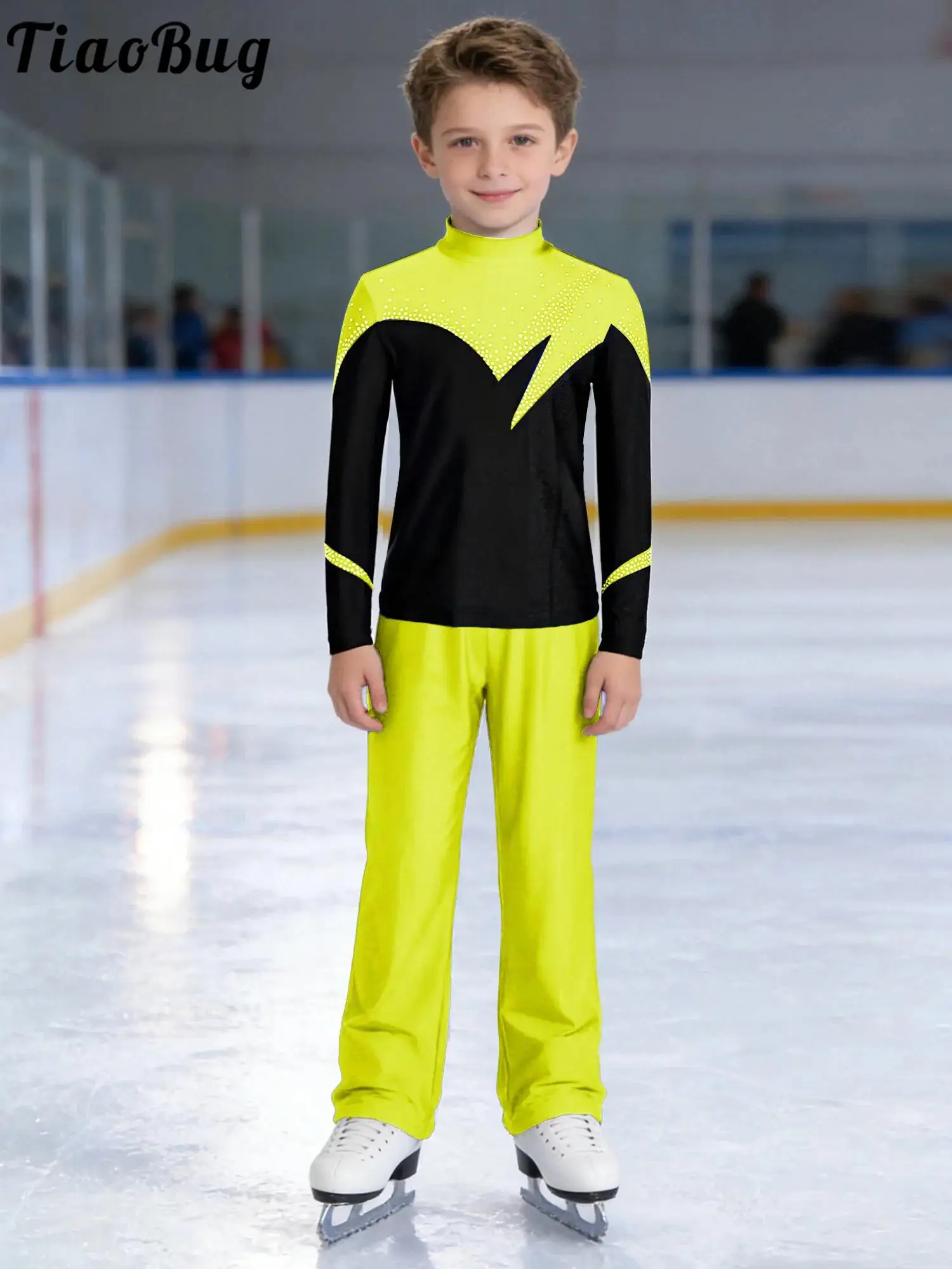 

Kids Boys Figure Ice Skating Performance Costume Dance Outfit Long Sleeve Shiny Rhinestones Top with Pants Sets for Competition
