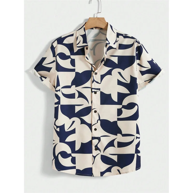 Geometry Pattern Hawaiian Shirts For Men Colorful Splicing 3D Printed Tees Summer Loose Aloha Shirts Lapel Short Sleeve Blouses