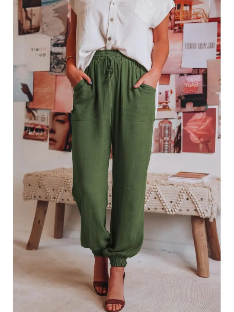 Spring Autumn Solid Color Women's Pants Comfortable Cotton Casual Trousers Fashion Drawstring Elastic Waist Harem Pants Femme