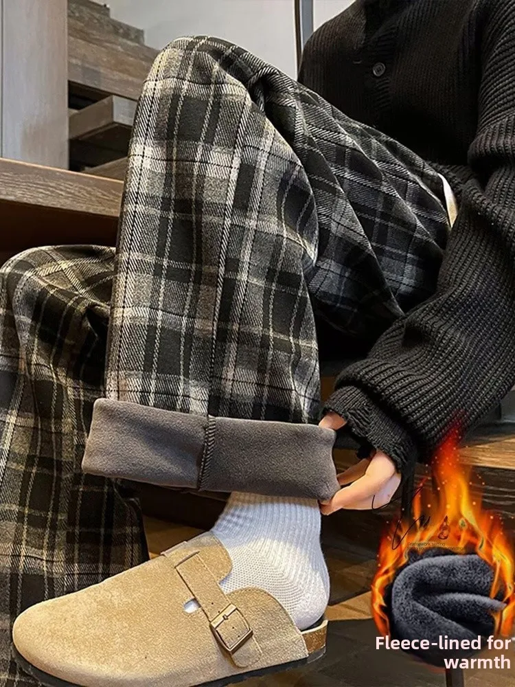 

American Retro Plaid Casual Pants Men's Winter Heavyweight Trendy Loose Long Straight Tube Sweatpants Youth Organic Cotton