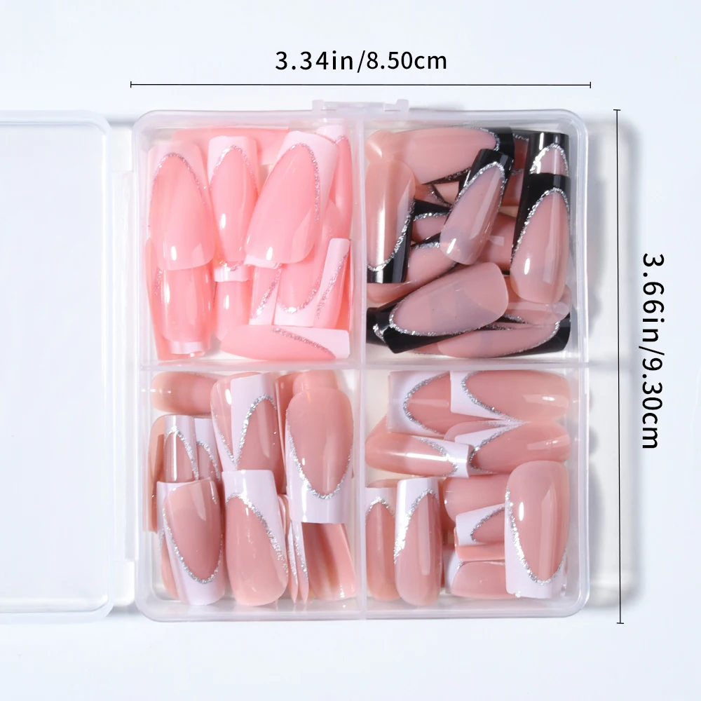 96 Stück (4 gemischt) lange Sarg-Herz-Nägel, glitzernde weiße französische Spitze, zum Aufdrücken der Nägel, schicker, minimalistischer Stil – wiederverwendbares Design, Fake