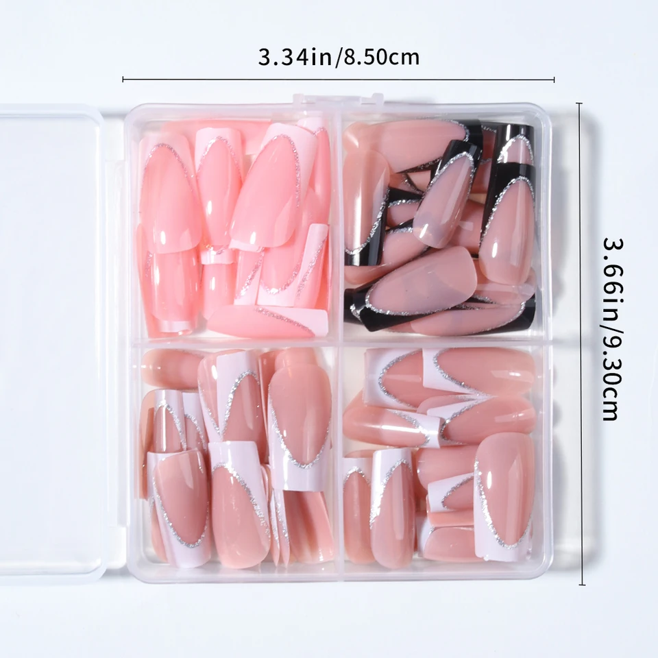 96 piezas (4 mezclas) de uñas postizas largas en forma de corazón, con brillantina, punta francesa blanca, estilo chic minimalista, reutilizables 4
