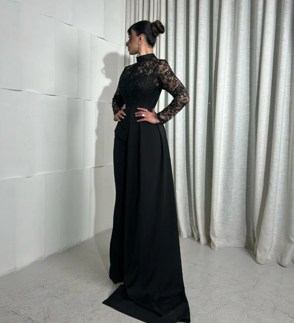

Customized Black Jersey Pleat Ruched Lace Button A-line High Collar Long Dresses Evening Dresses Exquisite for Woman