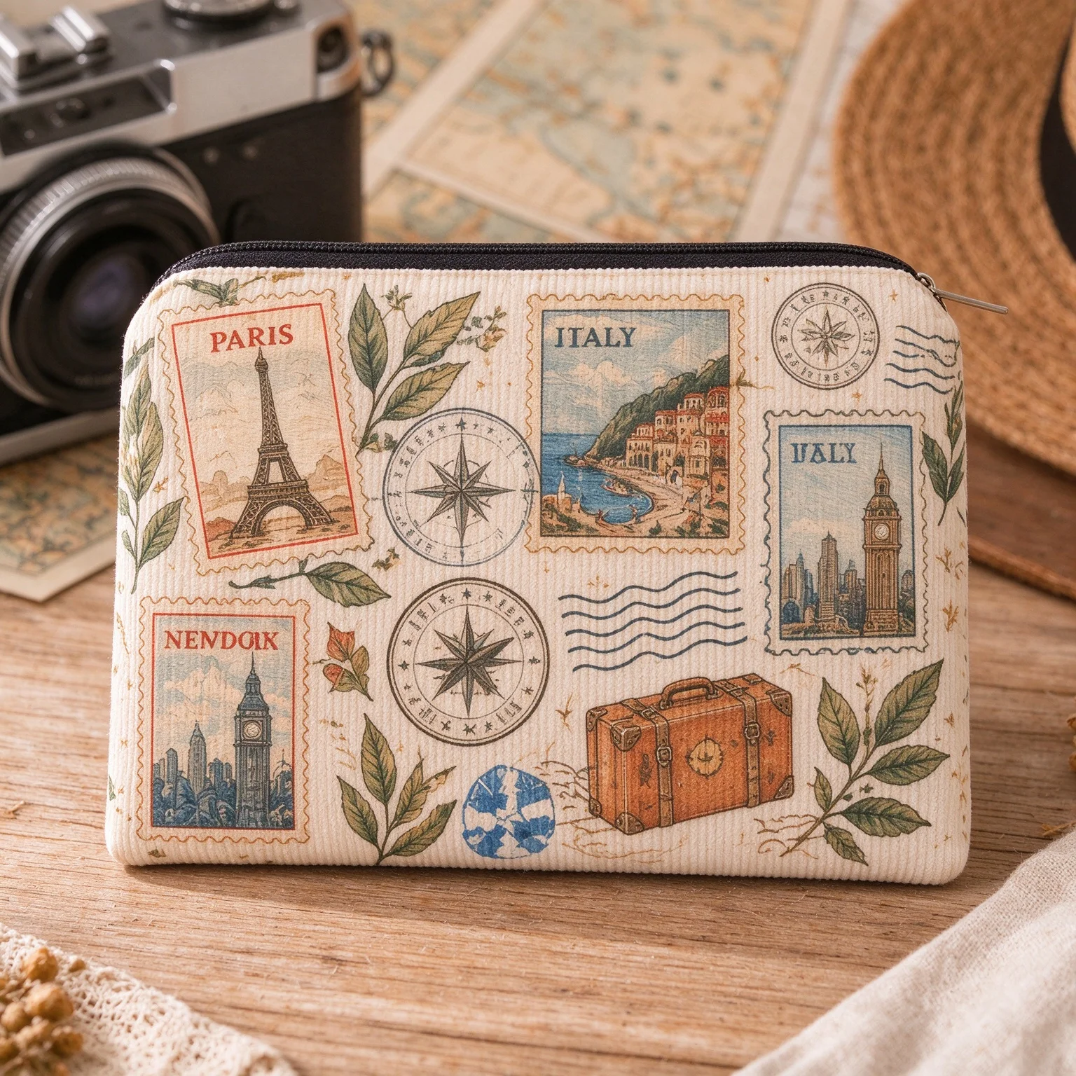 Vintage Travel Stamp City Landmark Print Corduroy Cosmetic Bag Zipper Makeup Pouch Holiday Storage Gift