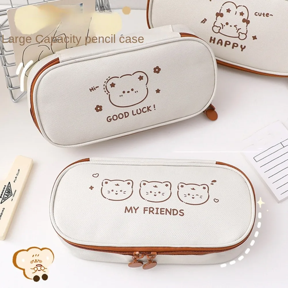 

Storage Bag Bear Pencil Case Canvas Large Capacity Canvas Pencil Bag Zipper Cat Kawaii Pen Bag Student Supply