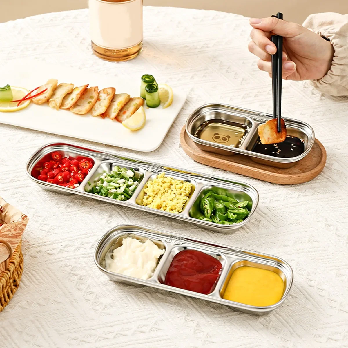 304 304 Stainless Steel Divided Dipping Sauce Dish 2/3/4 Grids Reusable Seasoning Dish Plate Condiment Tray Kitchen BBQ Tableware - Aliexpress Deal
