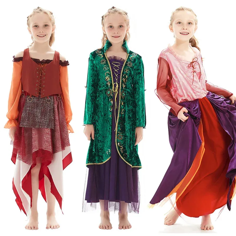 

Kids Girls Hocus Cosplay Pocus Witch Mary Sarah Winifred Long Sleeve Dress Cloak Suit Halloween Costume Stand Collar Tunic Dress