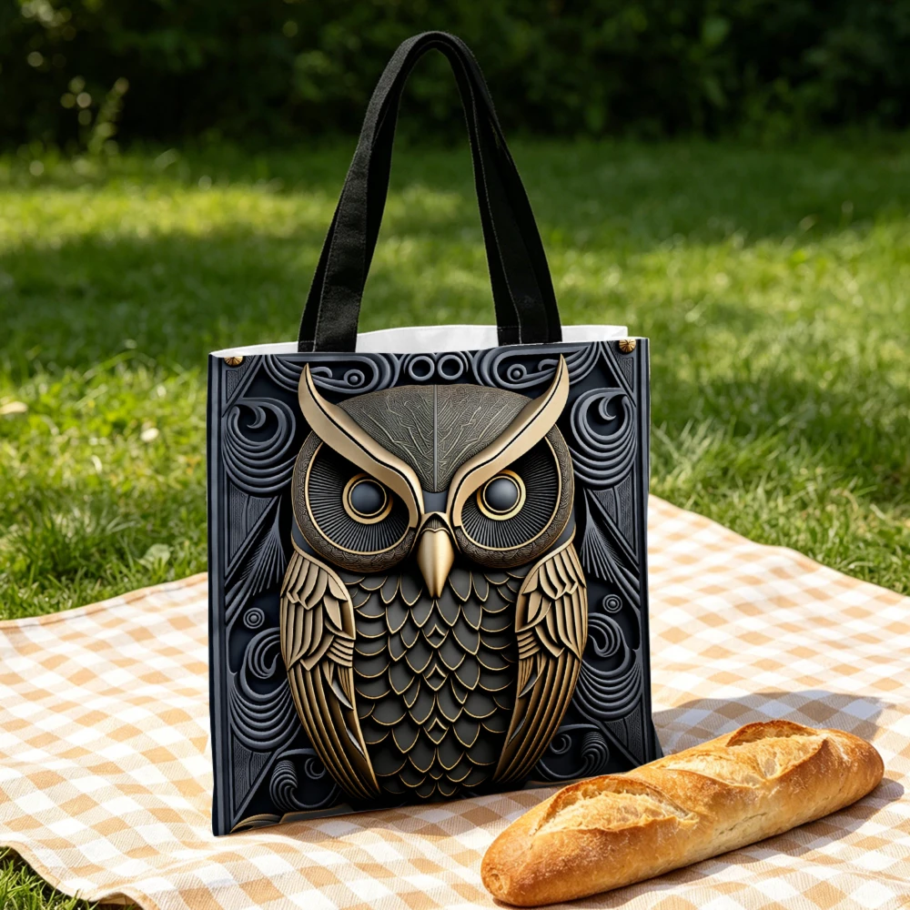Chic Handbag Black And Gold Owl Pattern Tote Bags And Makeup Bag Combination Fashionable Everyday Use For Women Portable Pouch image 6