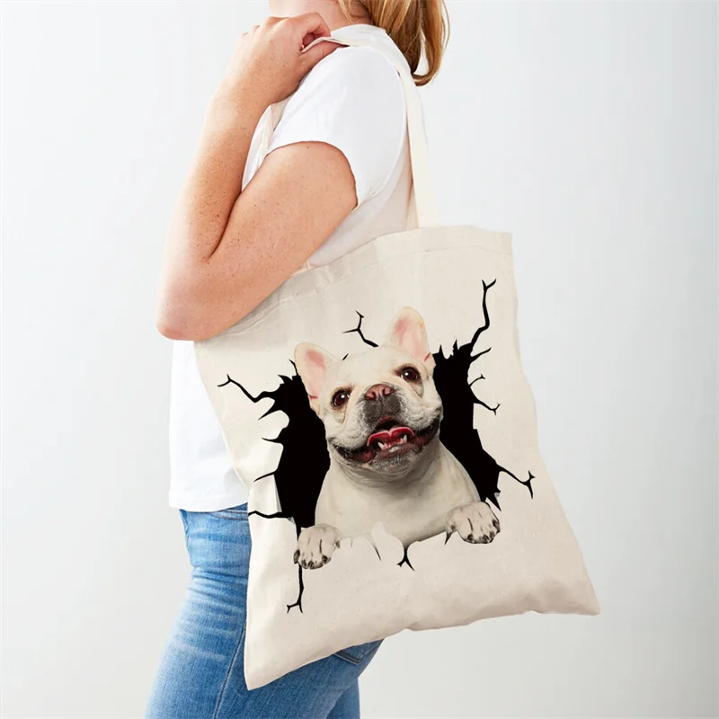 3D Dog Women\'s Shoulder Bag Cartoon Printing Eco Shopping Ladies Canvas Tote Bag Portable Pet Casual Large Capacity Shopping Bag