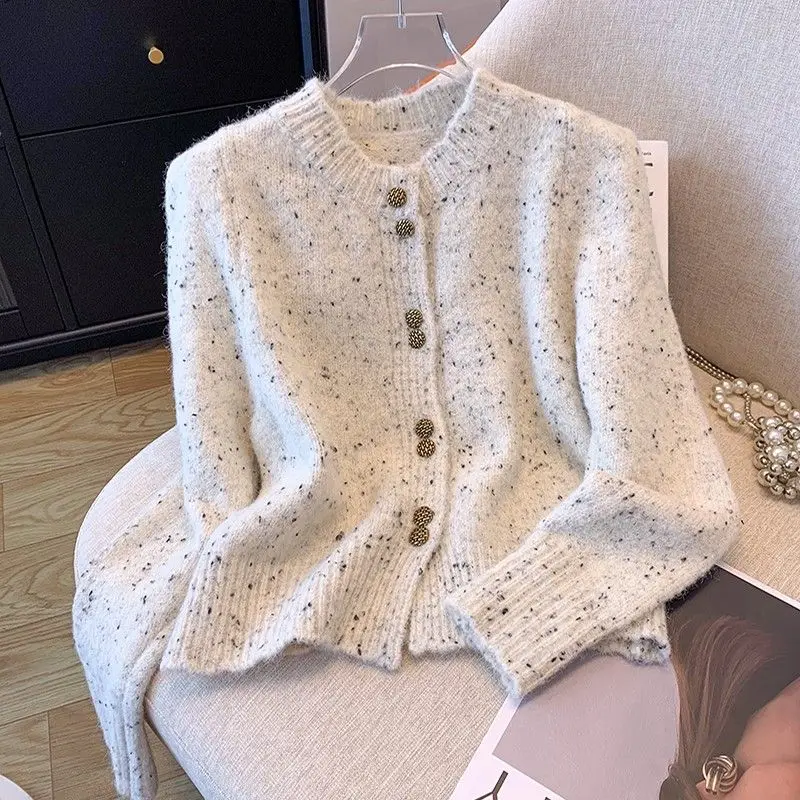 French High-quality Color Matching Sweater O-neck Vintage Chic Long-sleeved Knitted Cardigan Sweater Jacket Women Korean Fashion