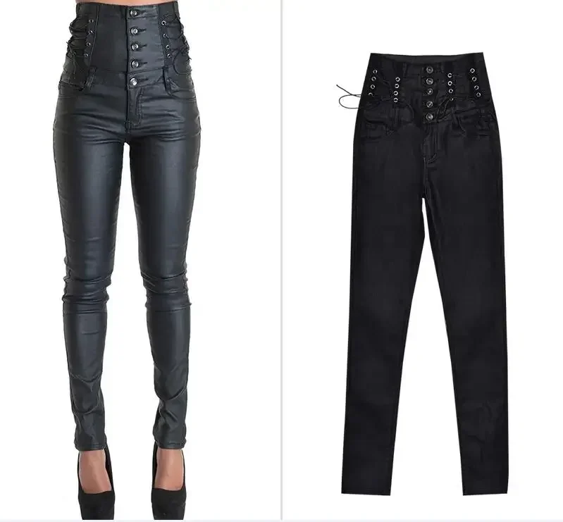 Women's Sexy Faux Leather Stretch Skinny Pants Lady Black coated side lace up High Waisted Slim Jeans Trousers