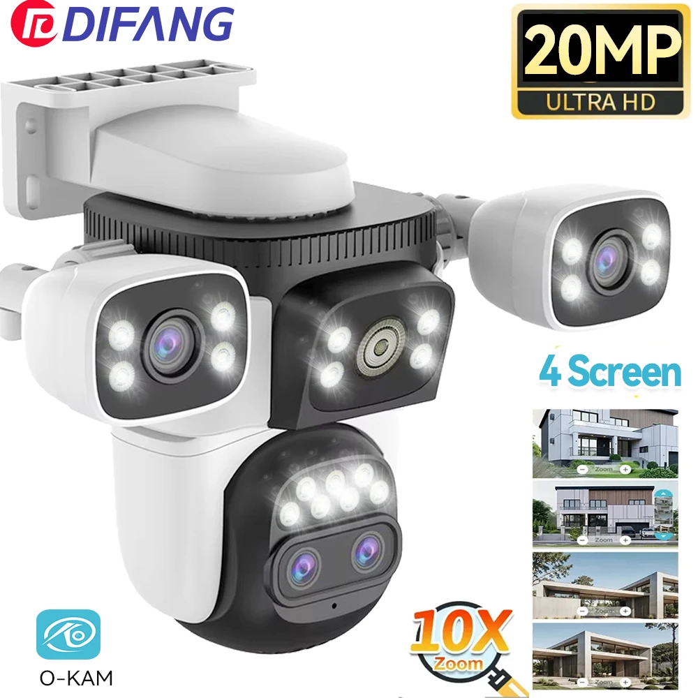 

20MP WiFi Camera Outdoor 10X Optical Zoom CCTV Home Protection Four Lens Four Screen 360° PTZ 10K Surveillance Security Cam