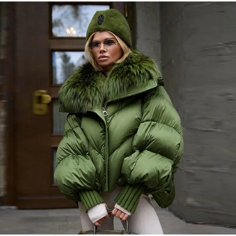 Warm Fur Collar Cotton Coats Women's Green Lapel Zipper Full Sleeve Padded Jacket Overcoat 2026 Winter New Lady Loose Streetwear