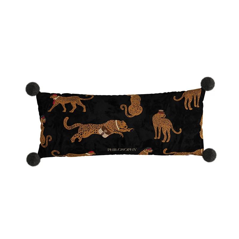Rectangle Throw Pillow Covers Cozy Velvet with Leopard Pom-pom Pillowcases Decor Longer Lumbar Pillows  for Living Room Couch