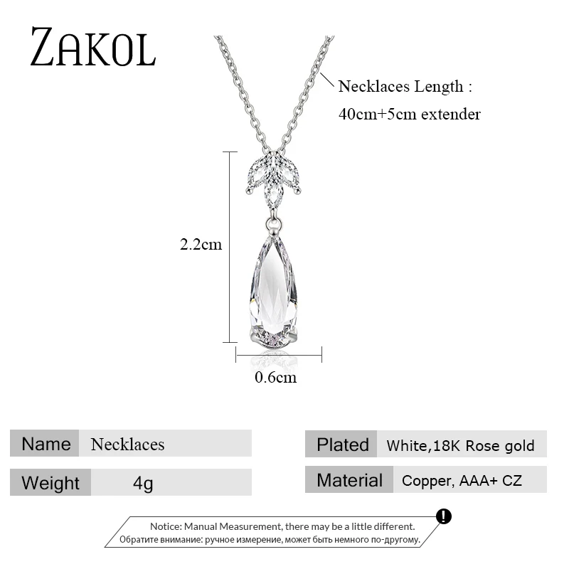 ZAKOL Shinny Water Drop Cubic Zirconia Pendants Necklace for Women Teardrop Crystal Clavicle Chain Bridal Wedding Party Jewelry