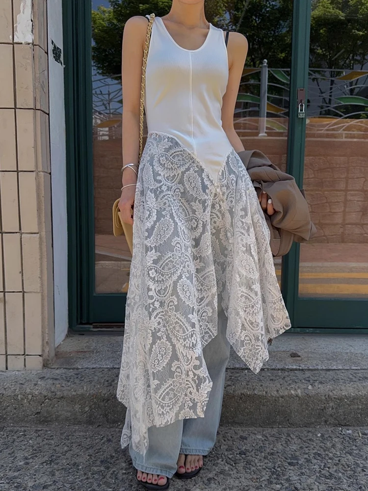 Vestido de Verão F com Design Irregular em Patchwork e Renda, Novo Vintage, Camadas Longas, Cintura Alta, Sem Mangas