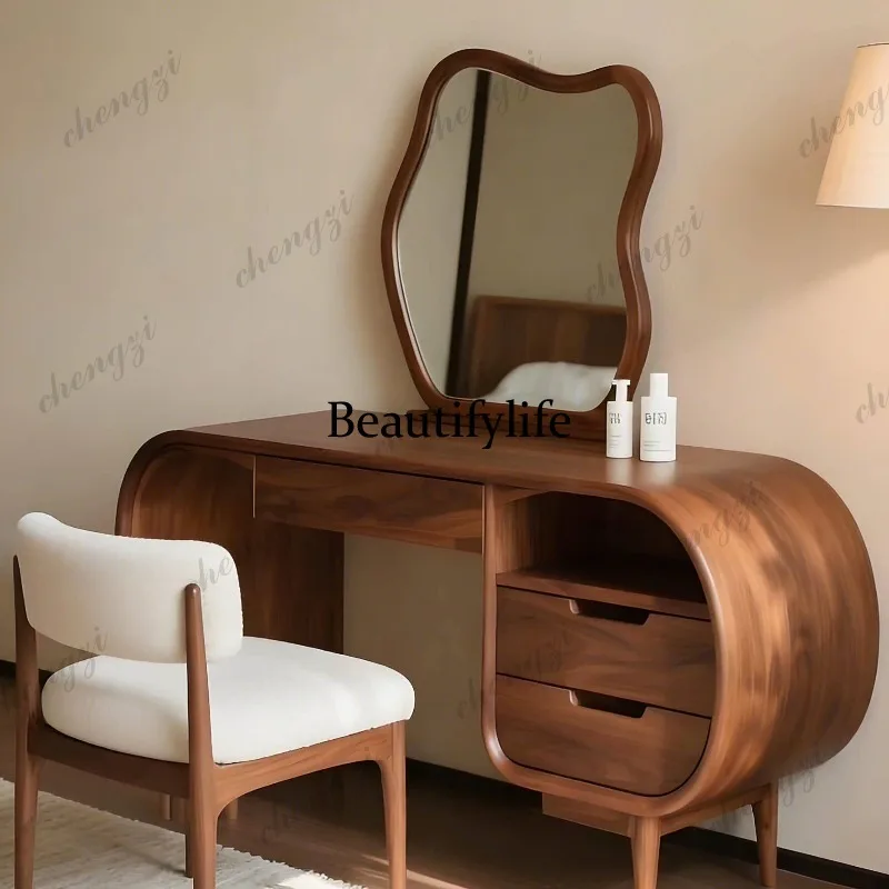 New Chinese black walnut bedroom solid wood makeup mirror makeup stool combination high-end makeup table customization