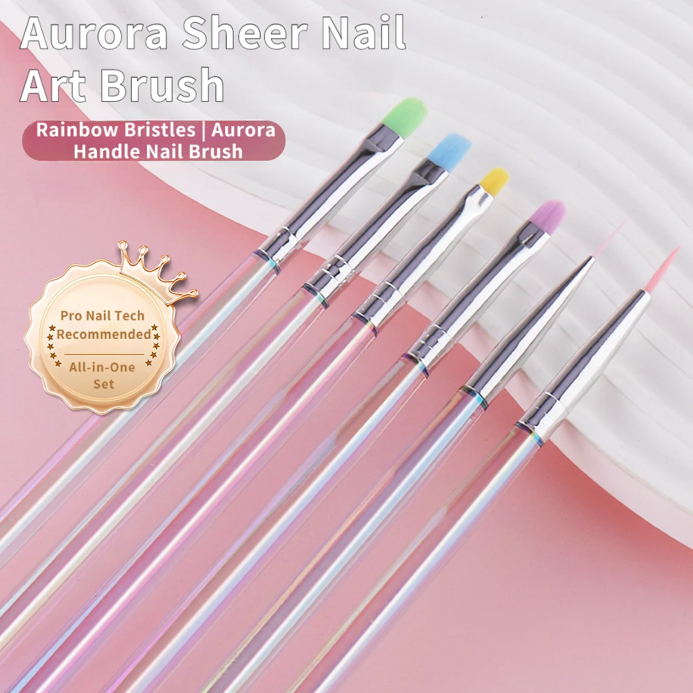 6Pcs Nail Art Brush Set UV Gel Liner Detailing Ombre Building Brushes Aurora Handle Rainbow Bristles for Salon Home DIY