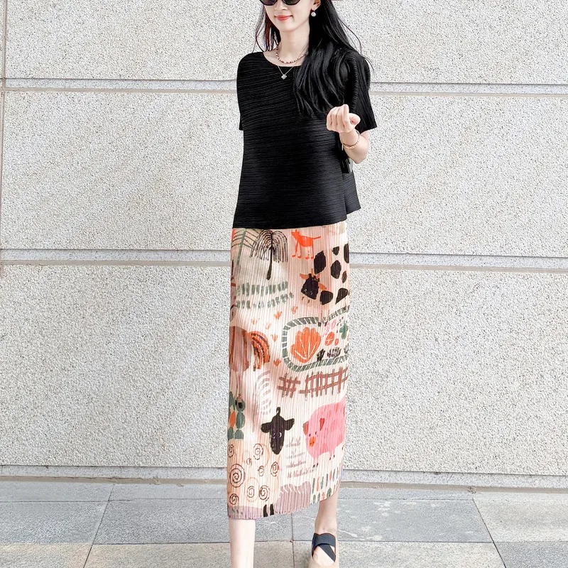 Miyake Tailleur pantalone a pieghe 2025 Plisse Fold sofisticato Top a maniche corte Gonna stampata Estate da donna Dimagrante Set versatile