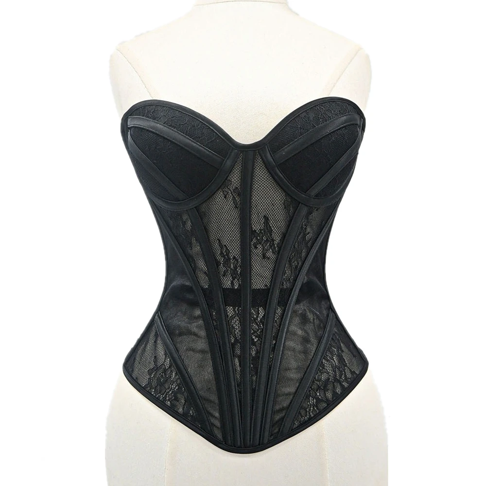 Women Fancy Overbust Corset Cups Boned White Transparent Floral Lace Mesh Bodice Sexy Hourglass Push Up Busiter Tops view 6