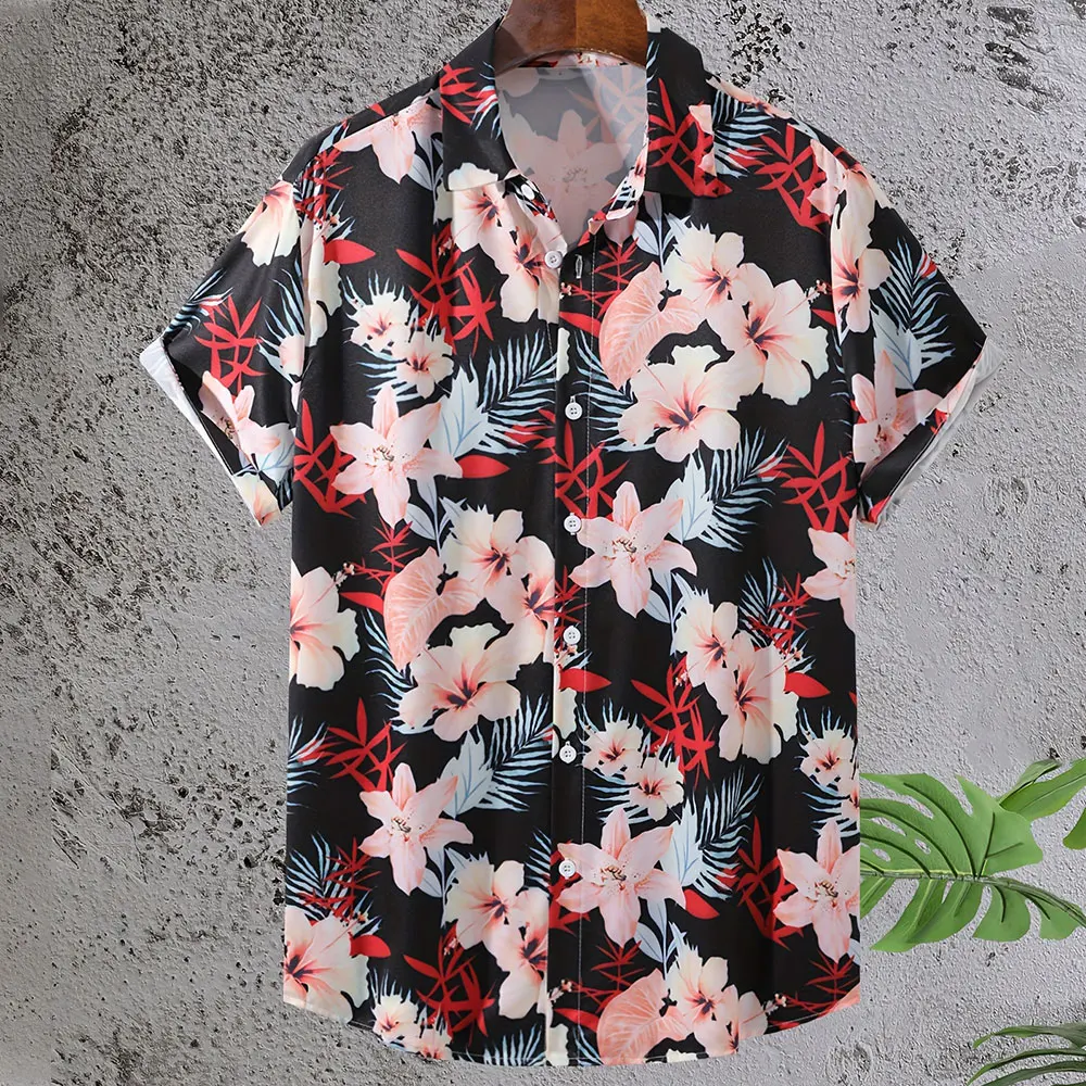 

Men'S Creative Shirt Fashion 3D Floral Print Short Sleeve Shirt Hawaii Vacation Casual Shirt Men'S Plus-Size Lapel Button Up Top