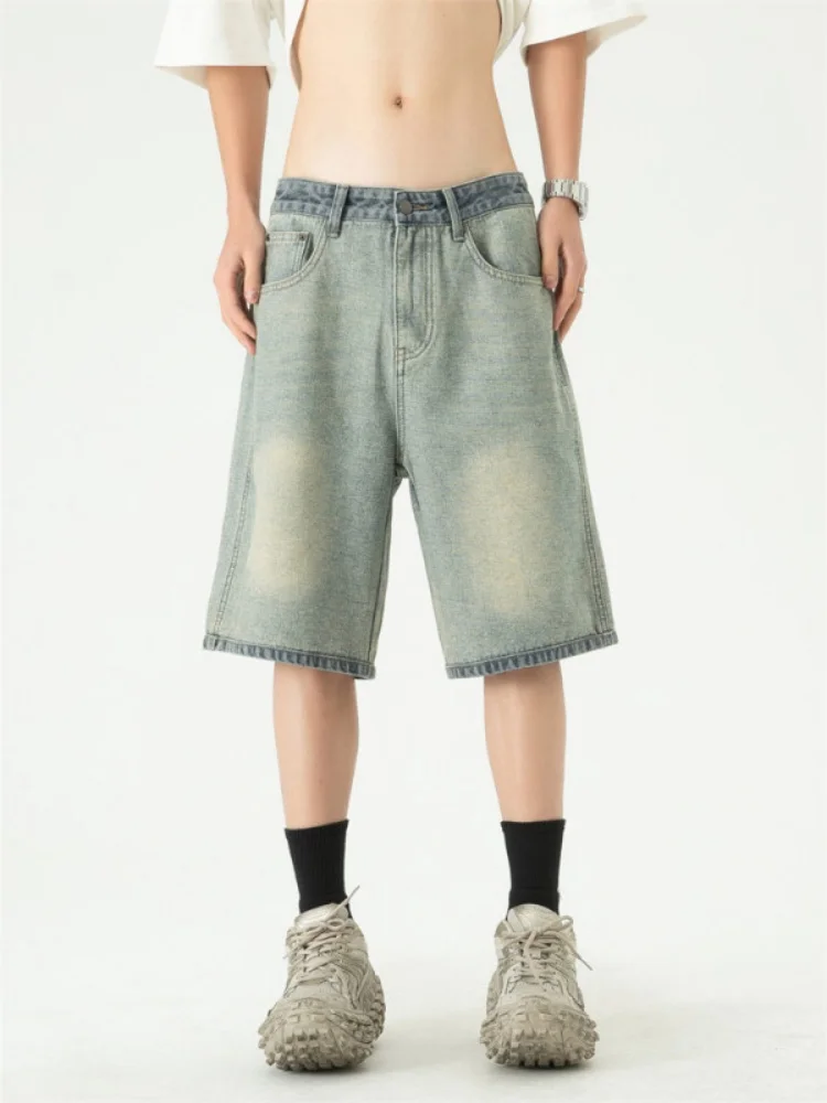 

Летние тонкие мужские джинсовые шорты-бермуды свободного прямого кроя в американском ретро-стиле, износостойкие, молодежные, модные