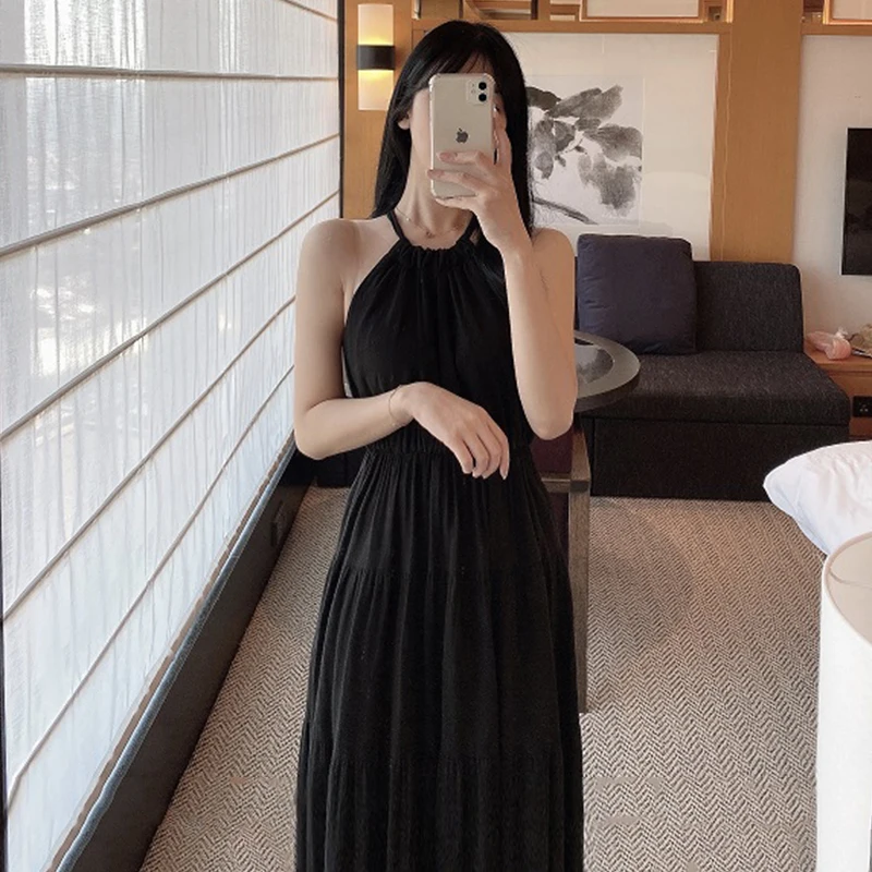 Korean Fashion French Off Shoulder Dress Pleated Lace-up Slim Fit Knee Length Dress Design Elegant Sleeveless Womens Dresses