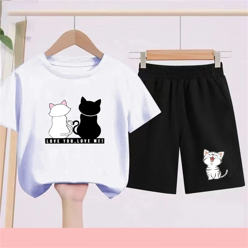 

Summer Short Sleeve Love you love me cat Print Children Age 3-12 Girls boy Set white black Tshirt+Shorts 2pcs leisure Kids Set