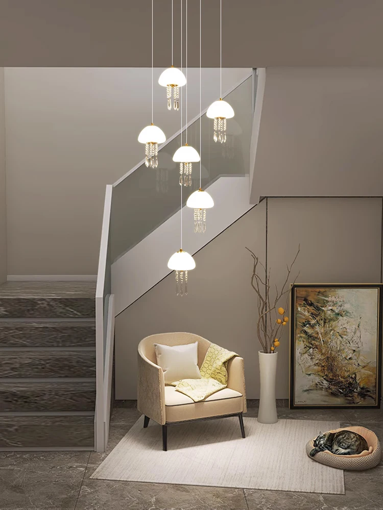 Spiral staircase chandelier creative art jellyfish hollow loft duplex building villa modern crystal living room long chandelier