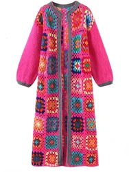 GypsyLady Floral Boho Knitted Cardigan Sweater Handmade Color Block Long Sleeve Women Coat Tops Retro Ladies Holiday Outerwear