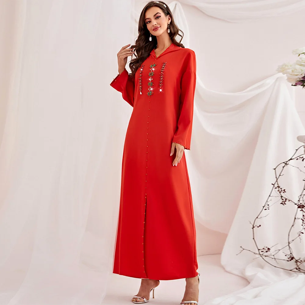 Eid Mubarak Djellaba Hooded Maxi Dress for Women Diamonds Abaya Dubai Turkey Kaftan Islamic Clothing Arabic Robe Jalabiya Gown