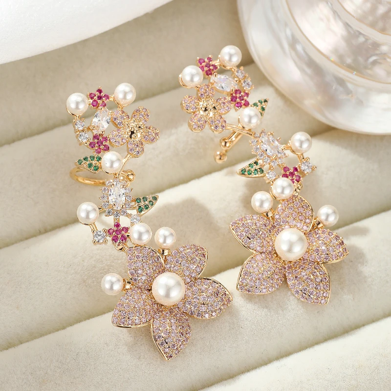 SENYU Luxury Pearl Camellia Flower Ear Climber Earrings for Women Elegant Floral Ear Cuffs Full Pave Zirconia Clip-on Earrings
