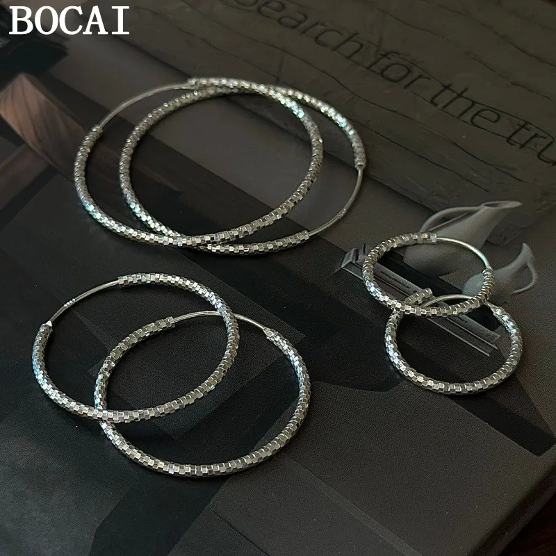 

Серьги-кольца BOCAI NEW S925 из серебра, простые и модные, с блестящим ретро-дизайном, подарок для женщин
