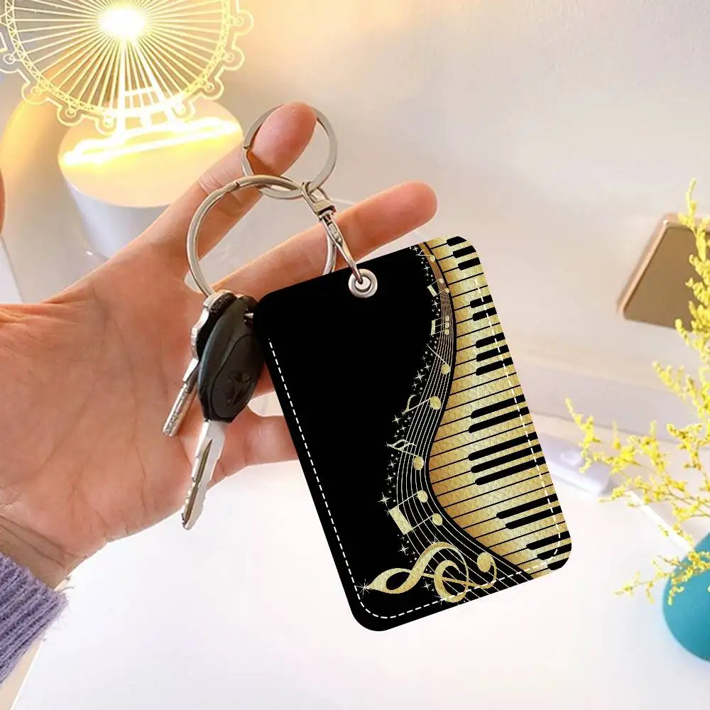 Vintage Cool Music Notes Piano Rectangle ID Card Case Keychain Access Card Bag Key Tag Ring Leather Card Holder Key Ring Access
