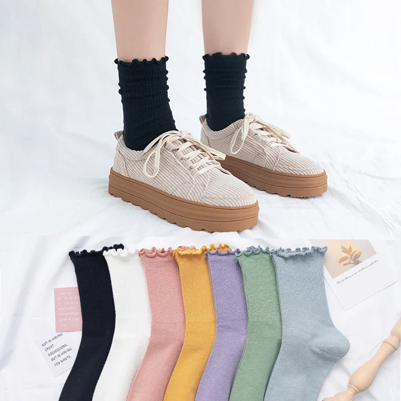 Cute Stringy Selvedge Socks Women Middle Tube Cotton Socks Japanese Style Summer Autumn Breathable Lace Stocking Calcetines