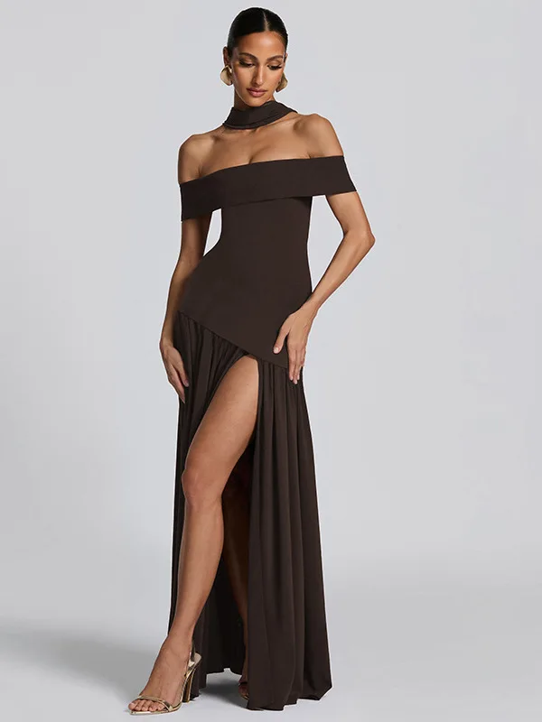 섹시한 롱 슬릿 드레스 원숄더 생일 파티 드레스 폴리에스터 섬유 노슬리브 바디콘 핏 여성 모임용